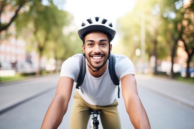 Photo shot of a happy young man holding the handlebars on his bicycle created with generative ai