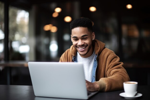 Shot of a happy young man working on his laptop at a cafe