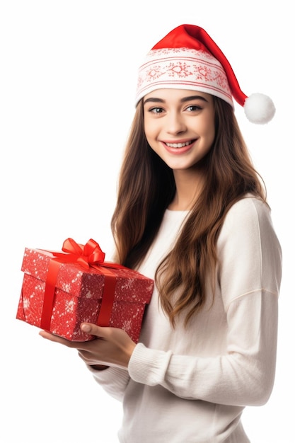 흰색 절연 산타의 선물을 들고 행복 한 젊은 여자의 총