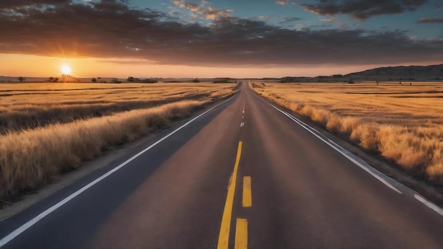 Shot of a highway road surrounded by dried grass fields under a sky during sunset