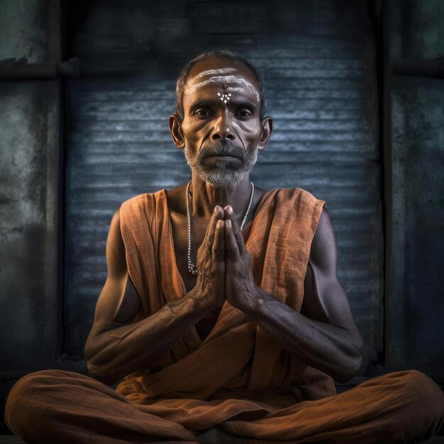 A shot of a Hindu devotee performing Sadhana