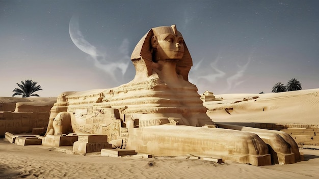 Shot of a historic sphinx in the middle of a typical egyptian scenery under the clear sky