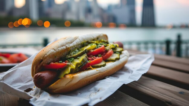 shot of hot dog against a city skyline