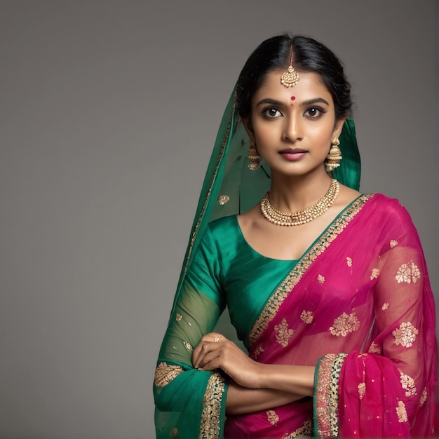 shot of an Indian women making eye contact green saree