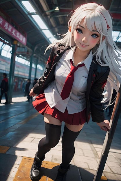 A shot of a Japanese anime cosplay girl in a train station