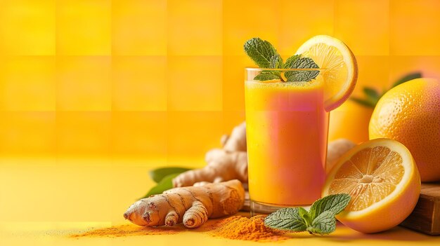 Shot juice of ginger lemon and turmeric with pieces on a lively yellow setting and space Generative AI
