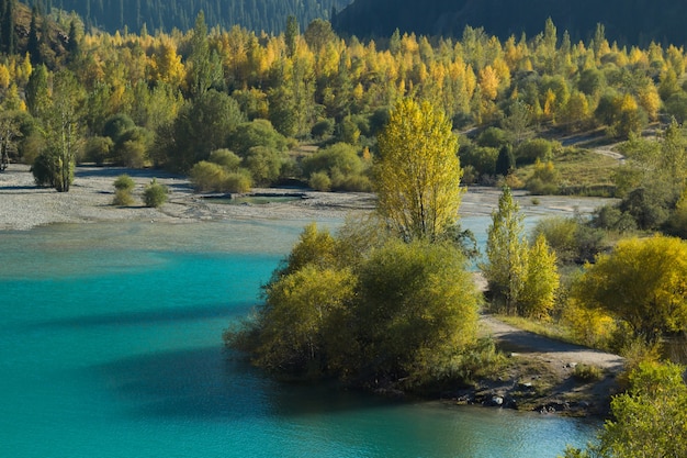 Shot of Kazakhstan mountain Lake, Esik city, Autumn