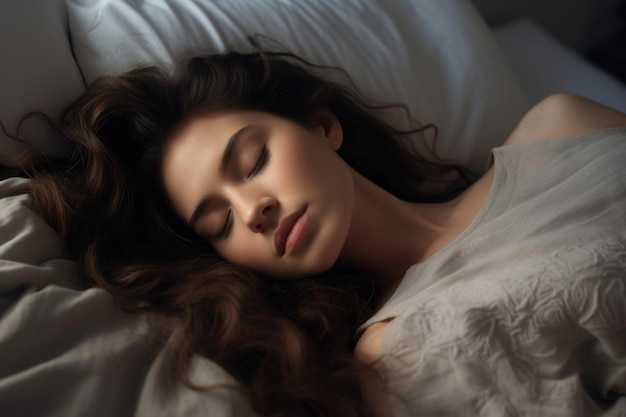 Shot of kind woman sleeping peacefully while hugging the pillow on the bed