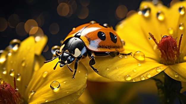 a shot of a lady bug on yellow flower