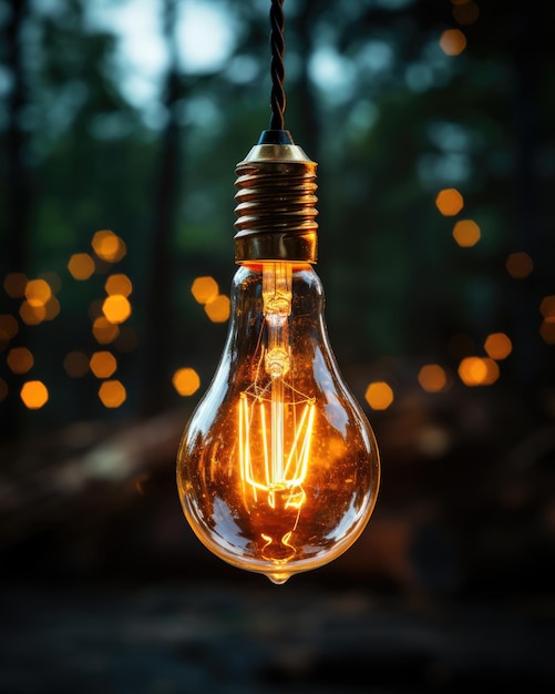 shot of a lamp hanging on a wire on a dark blurry background