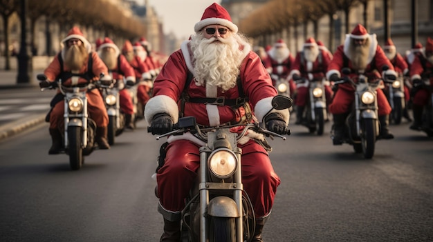 Shot of large group of santas on motorcycles riding down street christmas concept