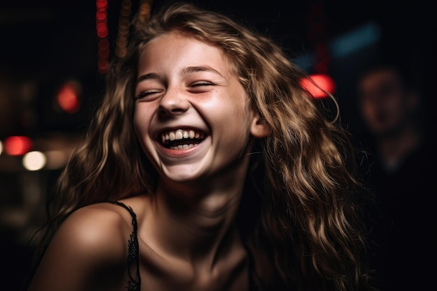 Shot of a laughing young girl having fun at a christmas party created with generative ai