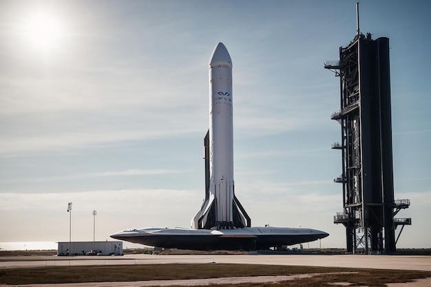 Photo shot of a launch pad complex successful rocket launching with crew on a space exploration mission