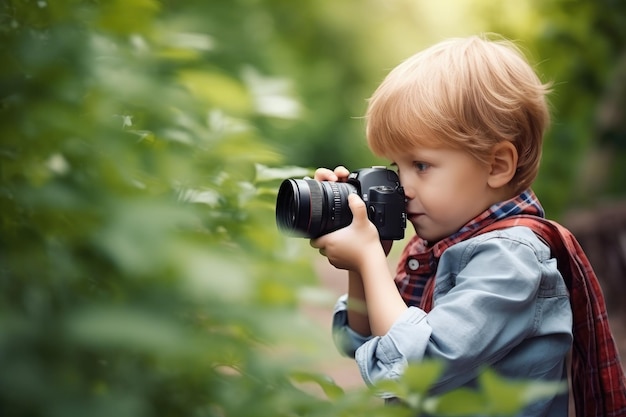 生成 AI で作成されたカメラで写真を撮る小さな男の子のショット