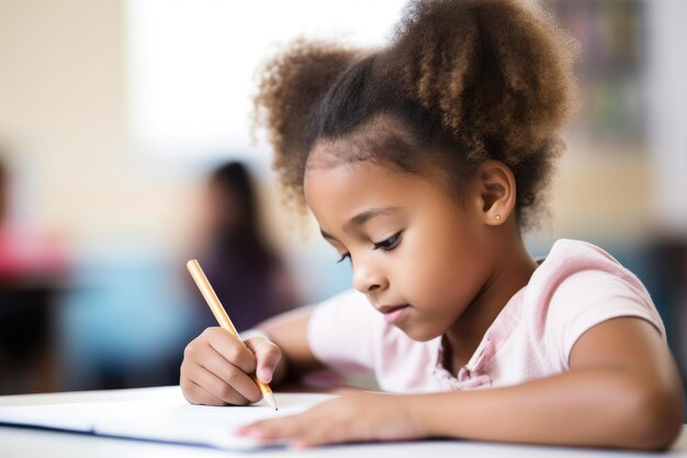 Снимка маленькой девочки, пишущей в школьной тетради, созданная с помощью генеративного искусственного интеллекта