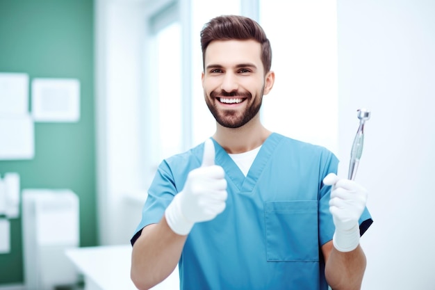 Shot of a male dentist showing thumbs up while holding a toothbrush created with generative ai