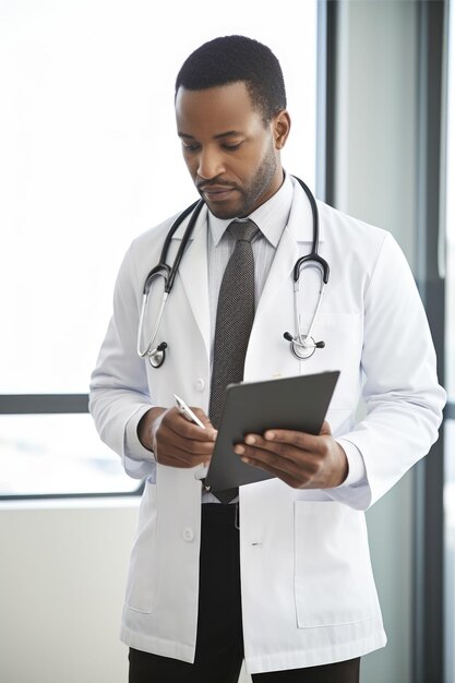 Shot of a male doctor using a digital tablet in his office created with generative ai