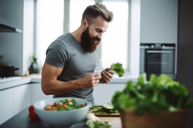 生成 AI で作成された、キッチンに立ってサラダを食べる男性のショット