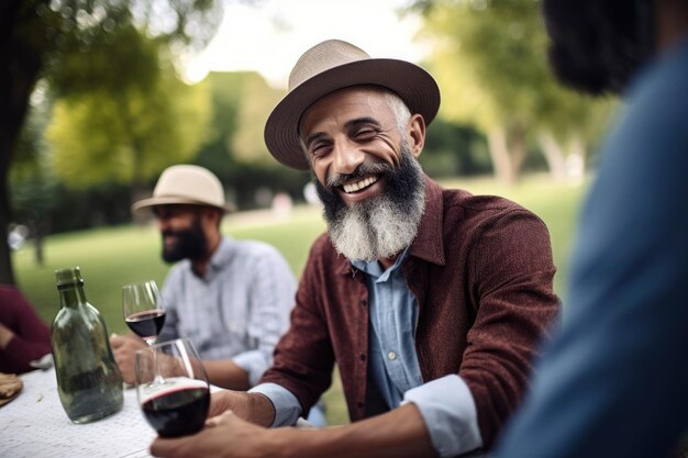 Shot of a man enjoying some wine and friends at the park