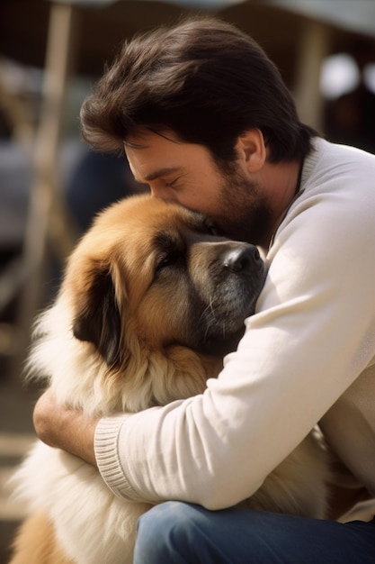 Shot of a man giving his show dog affection