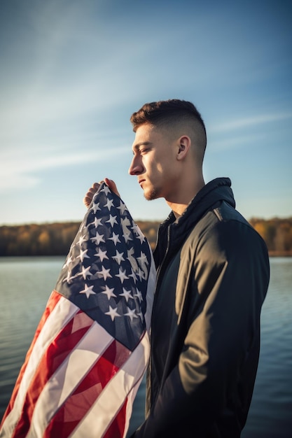 背景に湖があるアメリカ国旗を掲げている男のショットが生成AIで作成されました