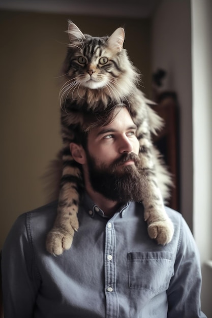 Shot of a man holding his cat while she sits on his shoulders created with generative ai