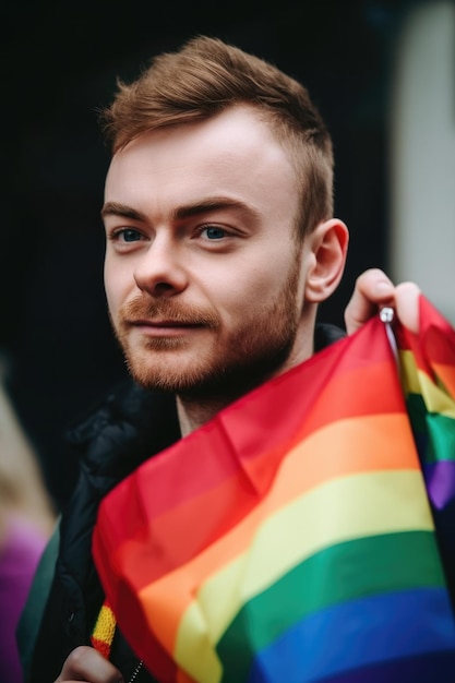 Shot of a man holding a rainbow flag and wearing a button