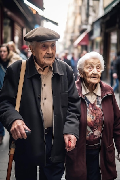 도시를 여행하는 노인 여성을 이끄는 남자의 사진