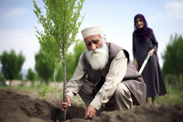 На кадре мужчина сажает деревья вместе со своей женой на заднем плане