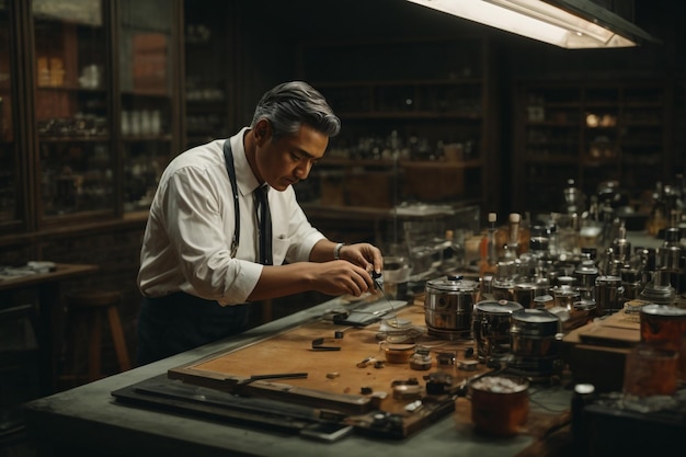 Photo shot of a man repairing a mother board in a garage