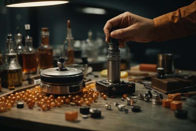 Photo shot of a man repairing a mother board in a garage