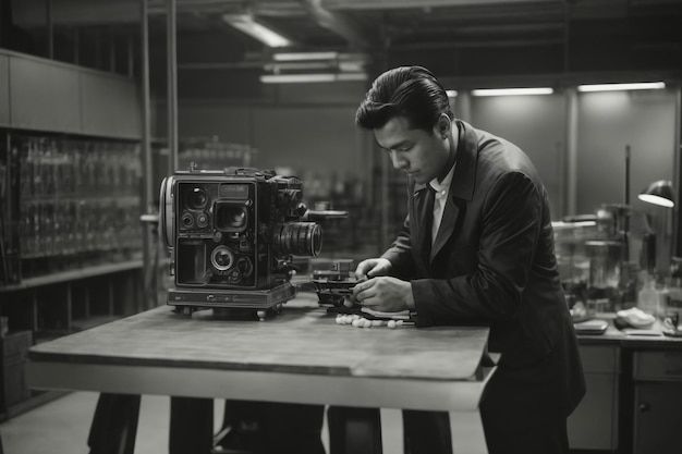 Photo shot of a man repairing a mother board in a garage