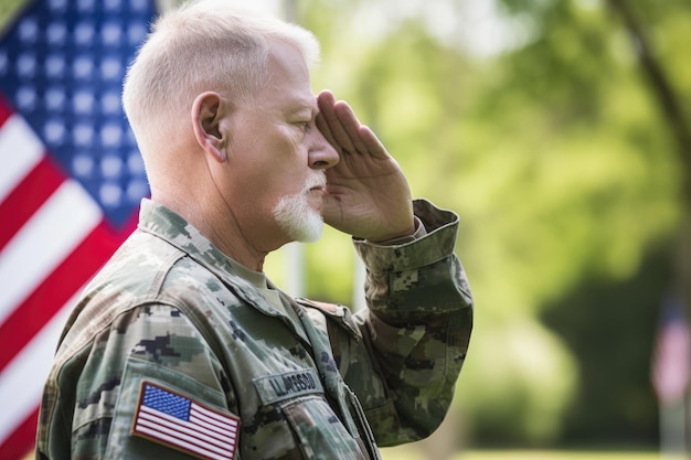 Shot of a man saluting on a memorial day created with generative ai