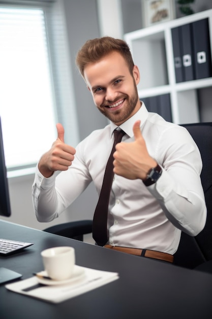 Photo shot of a man showing thumbs up in the office created with generative ai