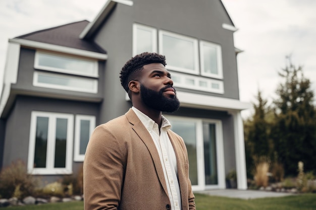Снимка человека, стоящего перед своим новым домом.
