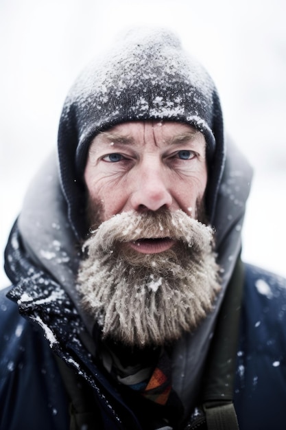 Снимка человека, страдающего от холода, находящегося в снегу, созданная с помощью генеративного искусственного интеллекта