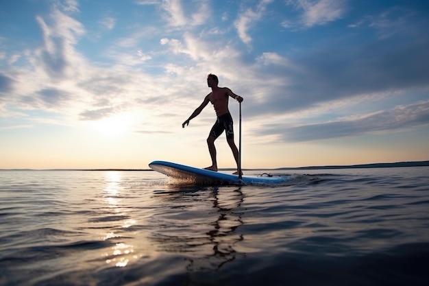 Shot of a man surfing on his stand up board created with generative ai