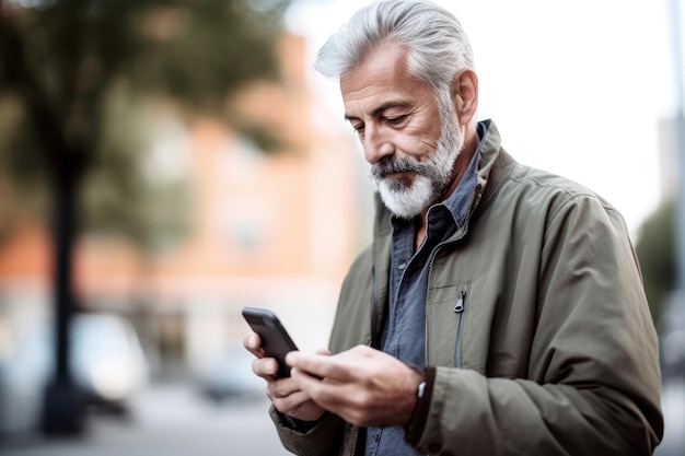 Снимок мужчины, использующего свой мобильный телефон на улице, созданный с помощью генеративного ИИ