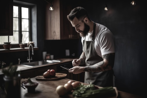 Photo shot of a man using his cellphone while cooking created with generative ai