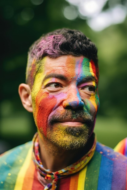 Foto inquadratura di un uomo che indossa una pittura arcobaleno per il viso durante una festa all'aperto creata con l'intelligenza artificiale generativa