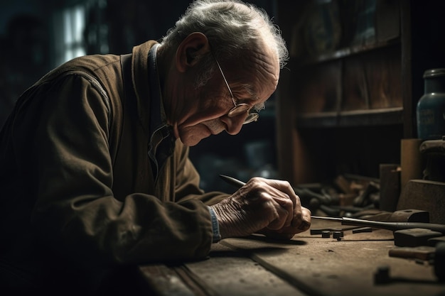 Shot of a man working with wood in his workshop created with generative ai