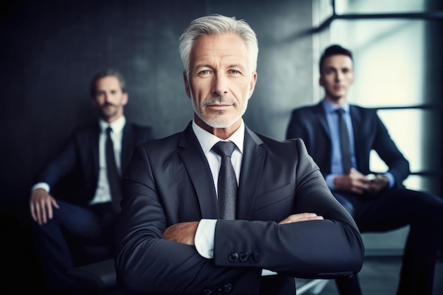 Shot of a mature businessman sitting with his employees created with generative ai