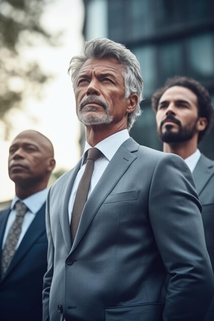 Shot of a mature businessman standing outside with his younger colleagues