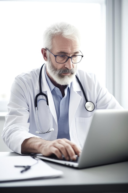 Shot of a mature male doctor using a laptop in his office created with generative ai