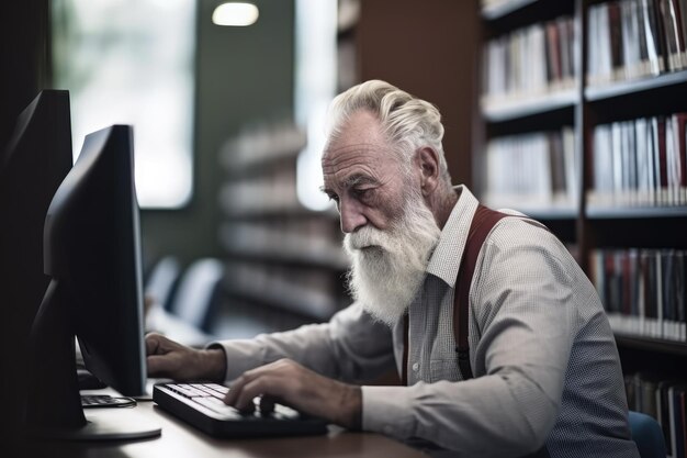 shot of a mature man using a computer in the library created with generative ai