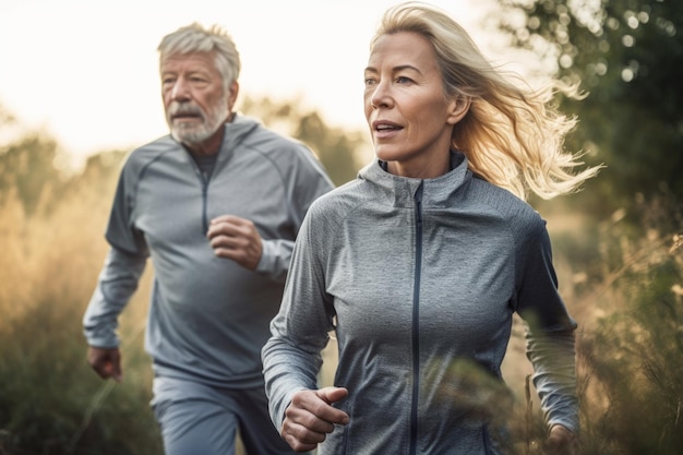 Shot of a mature man and woman going for a morning run in nature created with generative ai