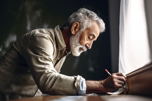 Photo shot of a mature man working on painting his home created with generative ai