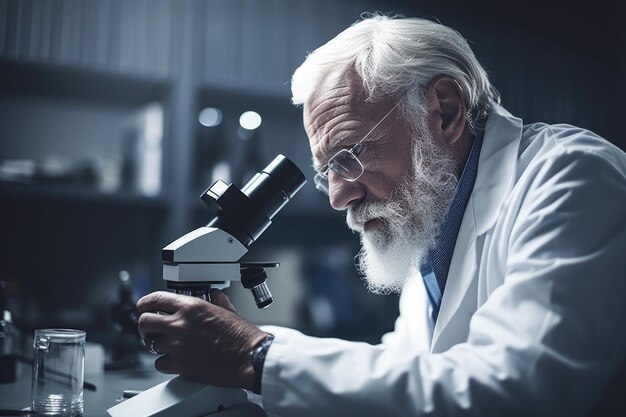ジェネレーティブAIで作られた実験室で微鏡を使っている成熟した科学者のショット