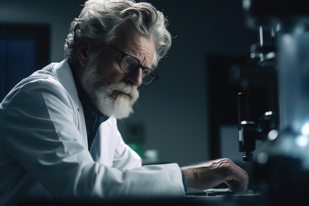 Photo shot of a mature scientist working on his research in the lab created with generative ai