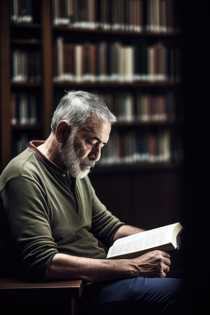 Shot of a mature student reading in the library created with generative ai